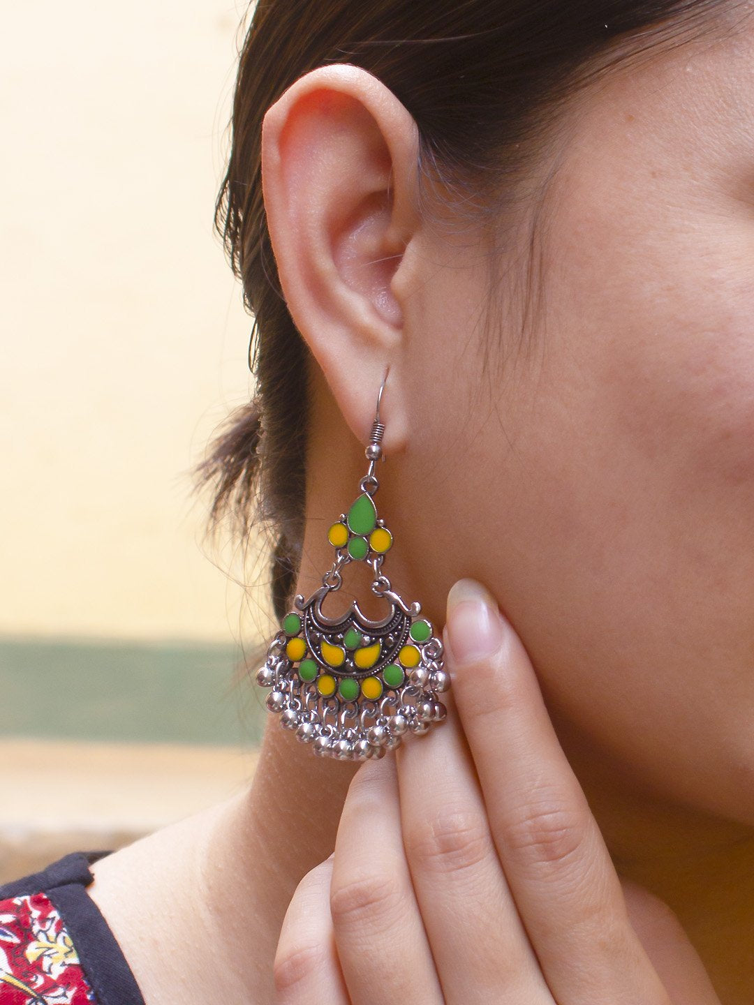 Floral Design Yellow and Green Dangler Afghani Earring
