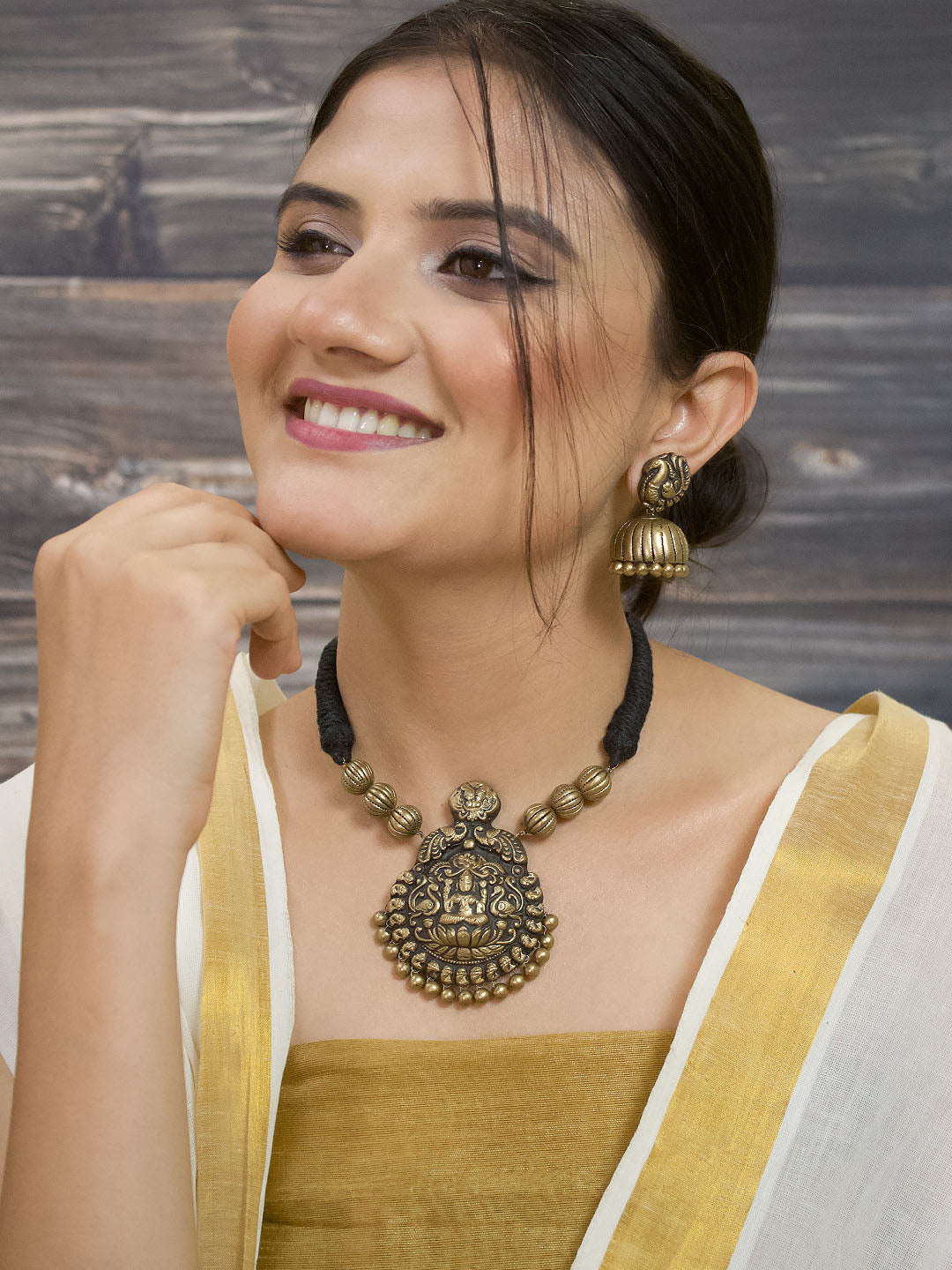 Shreesutra — Designer Handmade Gold Plated Lakshmi Design Pendant Choker Handmade Terracotta Necklace Set - Kantara