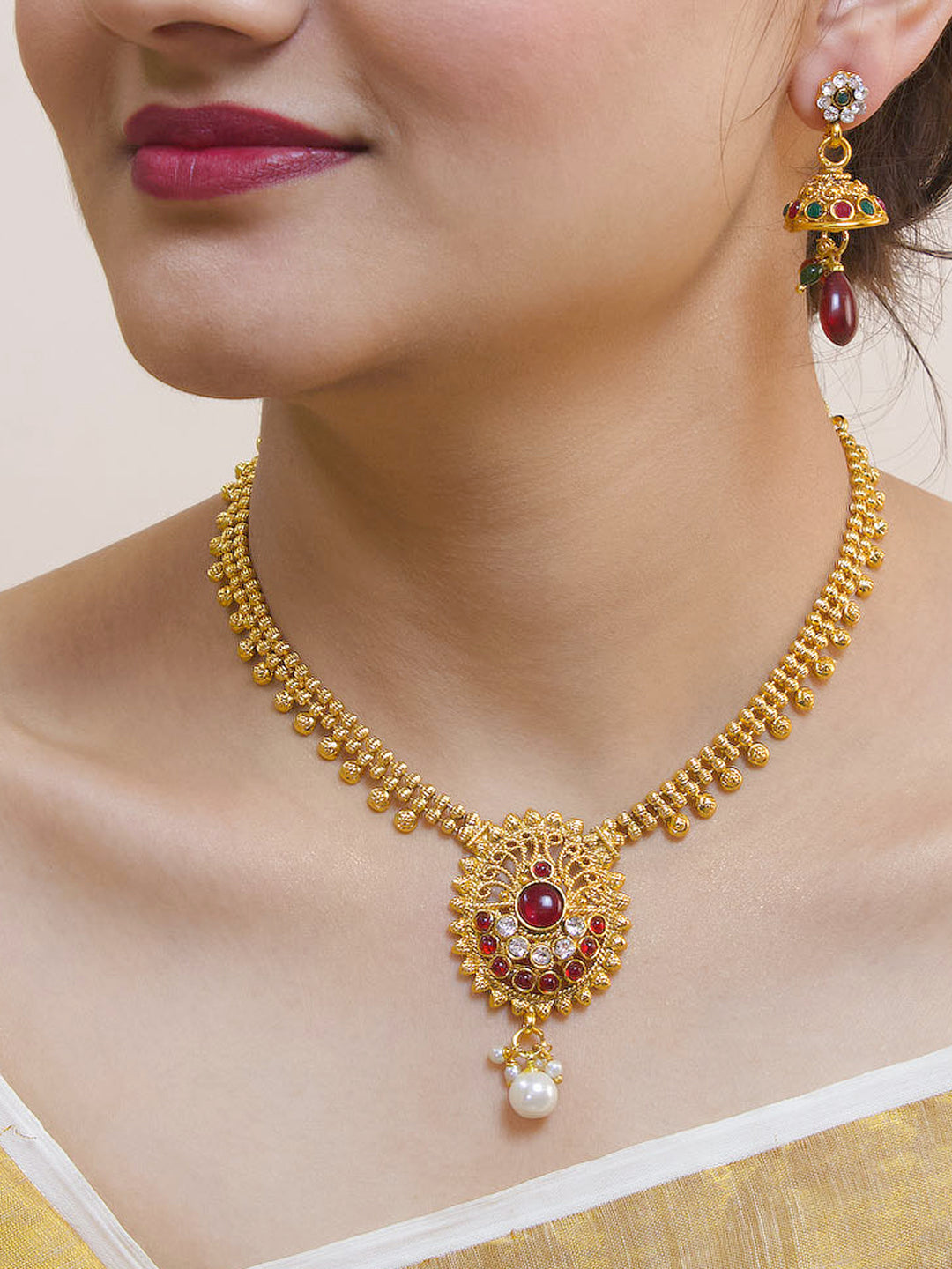 Avismaya Antique Gold Plated 2 Line Necklace With Round Shape Pendant Necklace Set