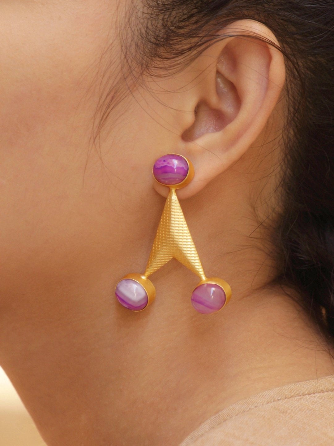 Avismaya Semi Precious Gold Plated Arrow Design Pink Color Monalisa Stone Dangler Earring