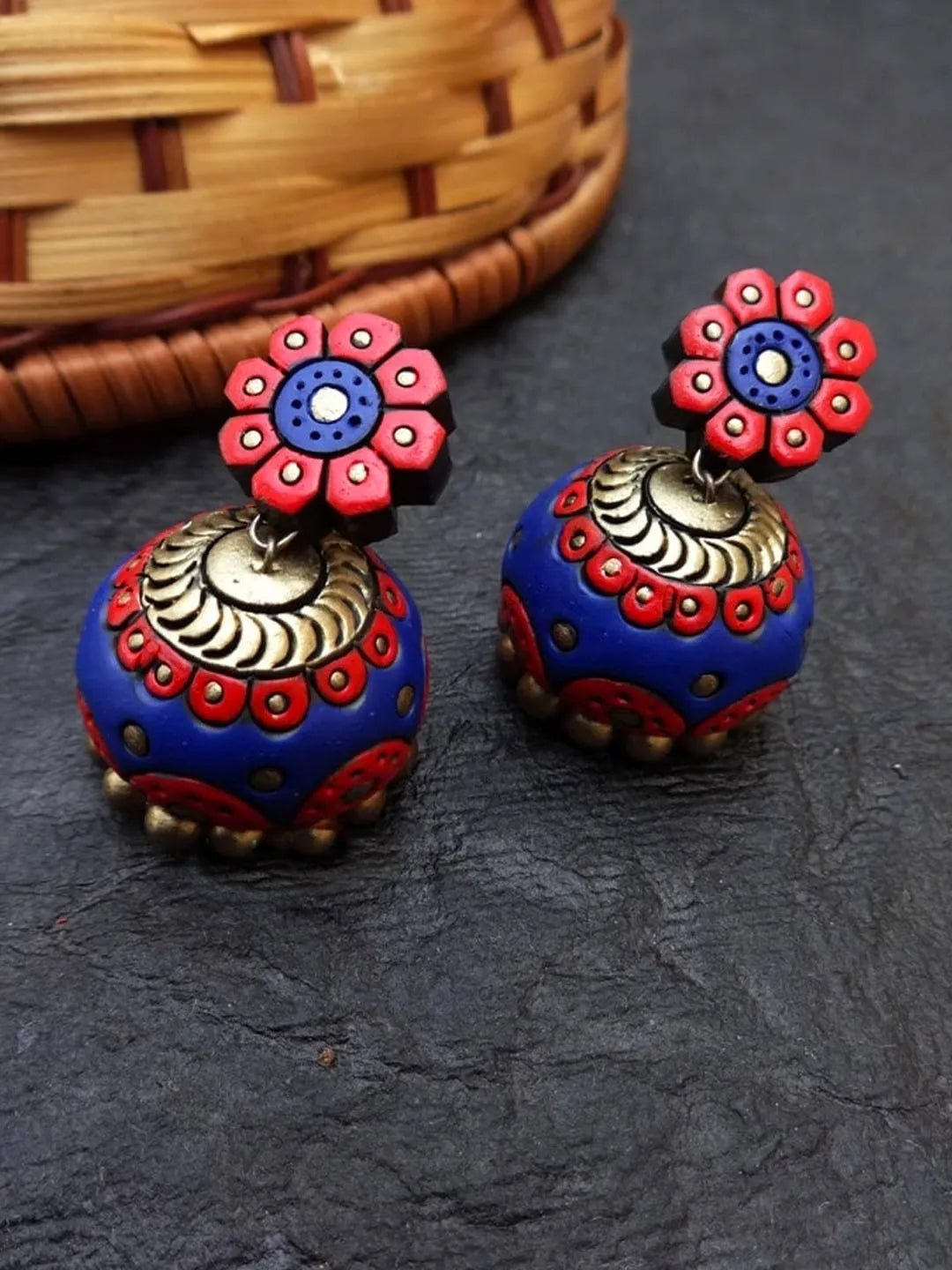 Handmade Terracotta Flolar Design Red And Blue Color Jhumka Earring