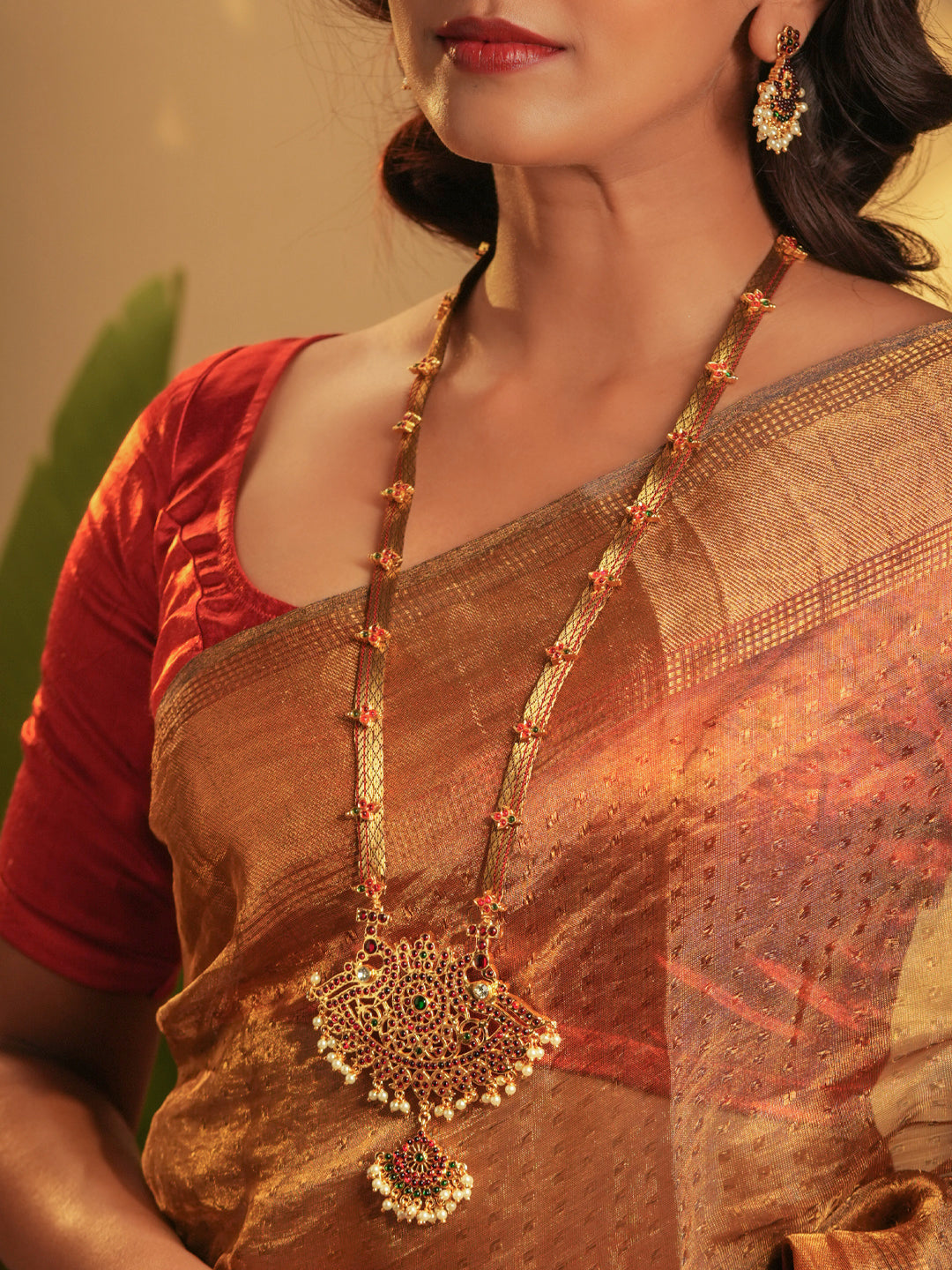 Zarini — Gold Tone Temple Necklace Set- Brown Zari haaram