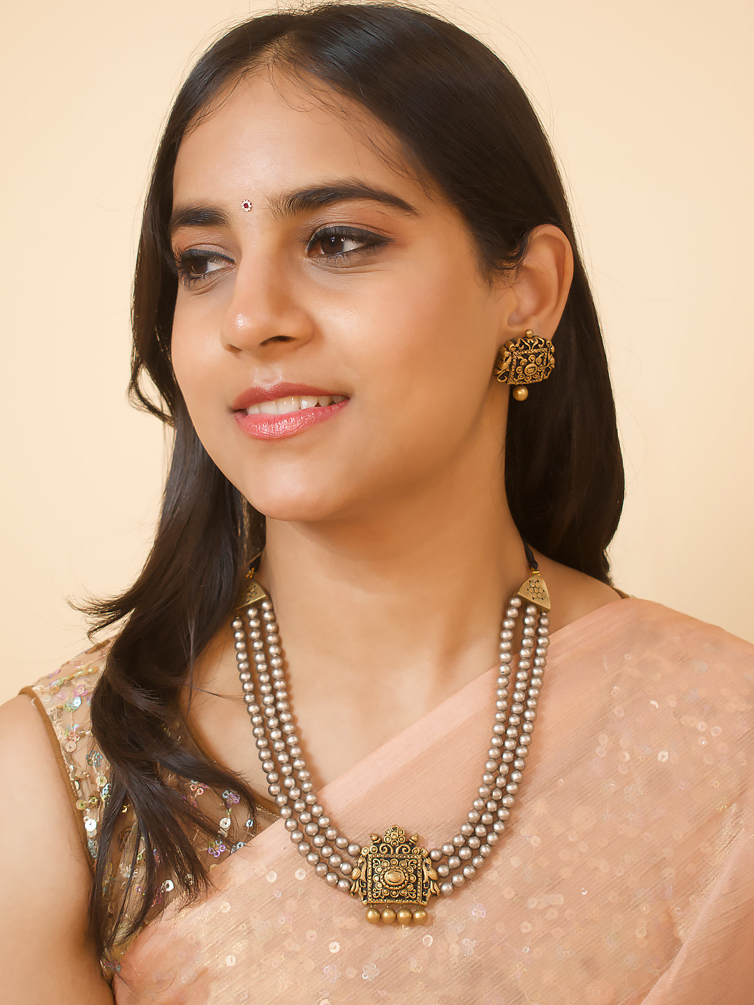 Pavitra — Dual Tone Antique Silver Gold Rani Haar Style 3 layered Handmade Terracotta Necklace Set