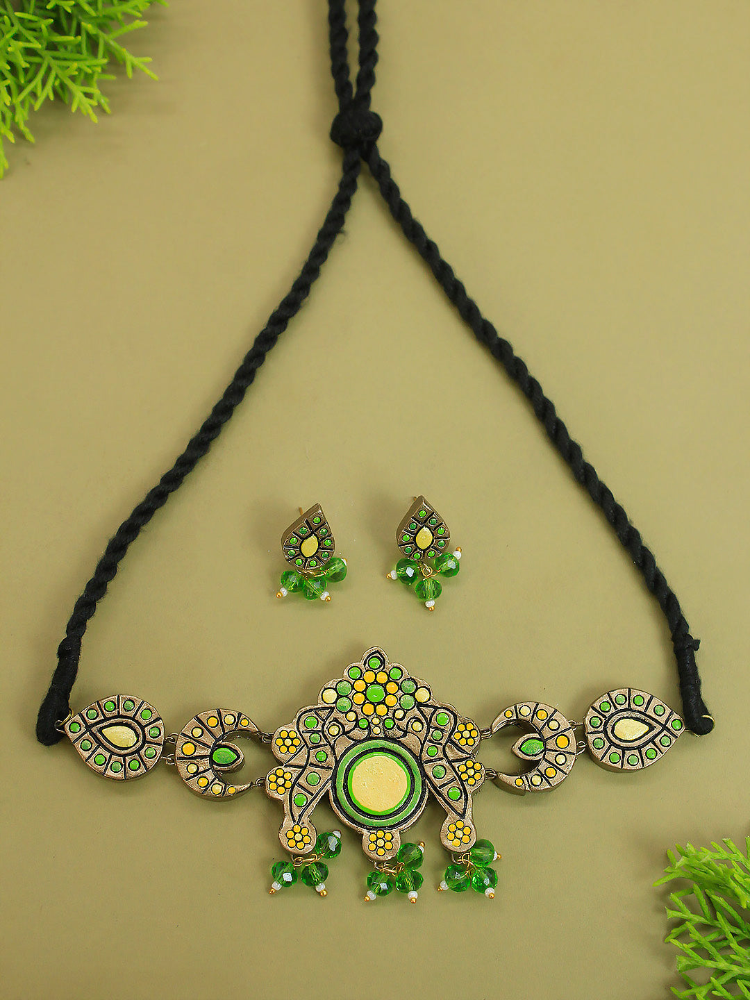 Half Moon Pear Shape Yellow Green Antique Bronze Handmade Terracotta Choker Necklace Set