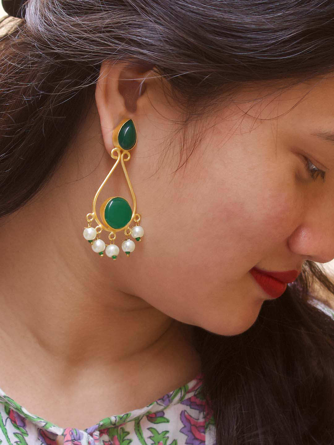 Avismaya Gold Plated Teardrop Design Green Color Semiprecious Monalisa Stone With Hanging White Pearls Dangler Earring