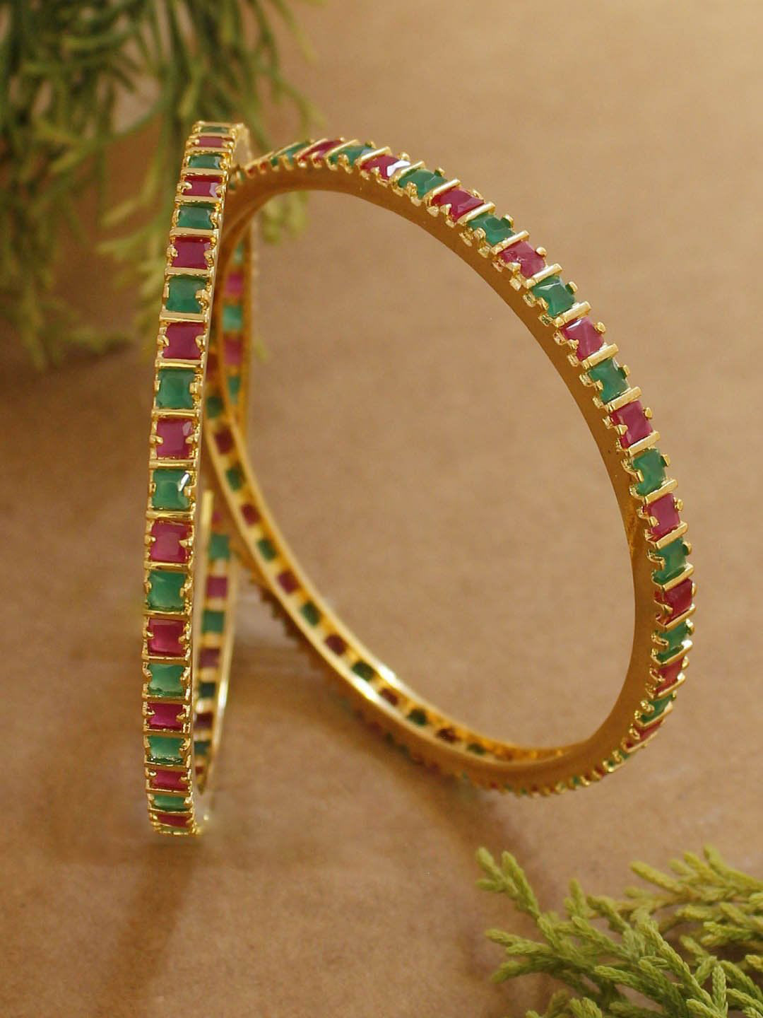 Avismaya Matt Gold Plated Premium Quality Bangles With Red And Green Ruby Stones