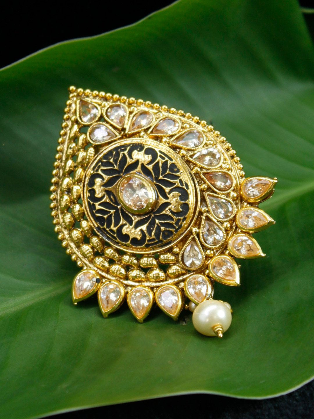 Gold Plated Tear Shape White Stone with White Pearl Dropping Saree Pin