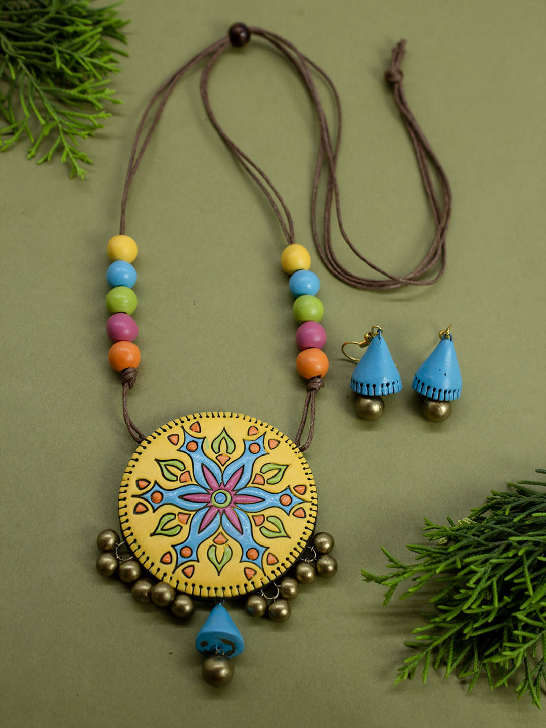Circular Design Yellow Blue Orange Pink Pastel Shades Mandala Art Design Boho Handmade Terracotta Necklace Set