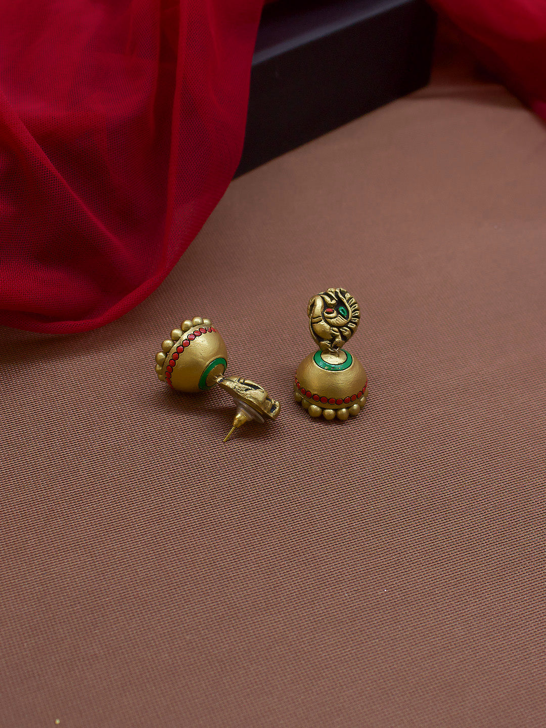 Antique Gold Toned Lakshmi Design Pendant With Mango Motifs Medium Handmade Terracotta Necklace Set