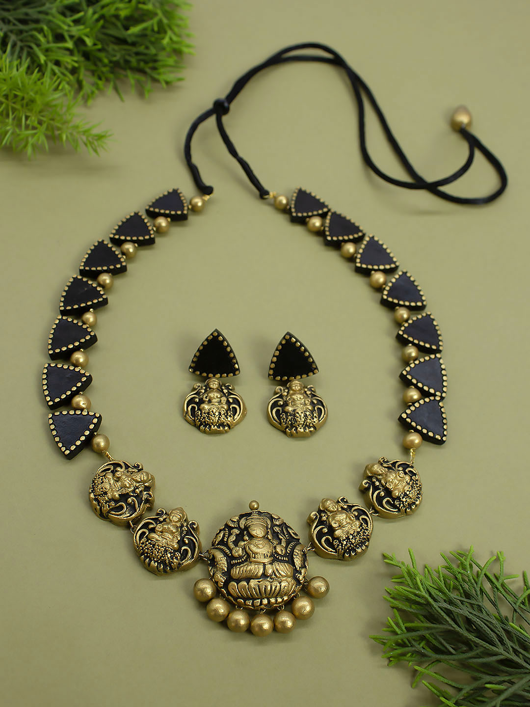 Triangular Pattern Design Lakshmi Pendant Design Antique Gold  BlackTone Long Handmade Terracotta Necklace Set