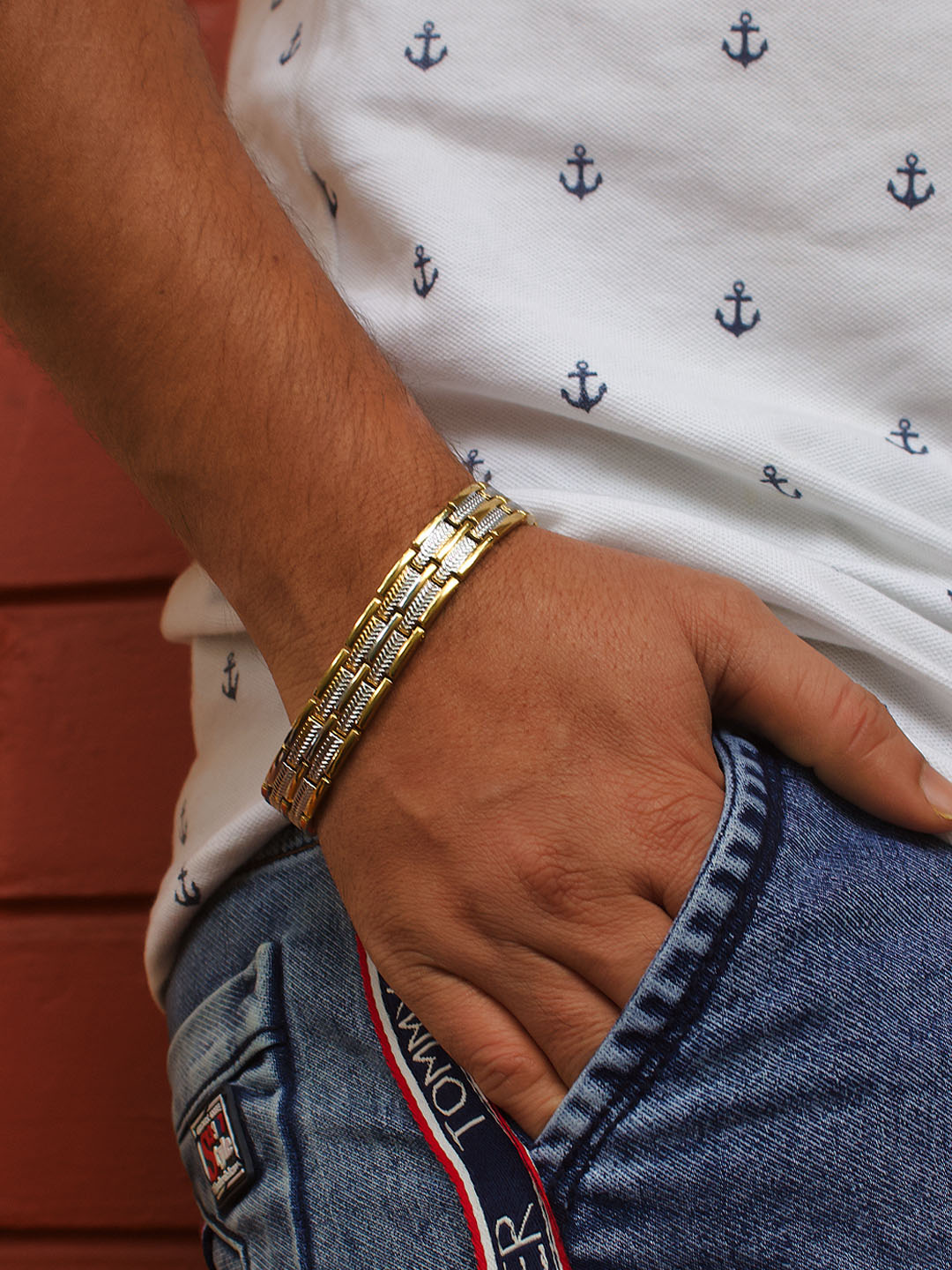 Avismaya Gold And Silver Plated Geometric Design Mens Bracelet