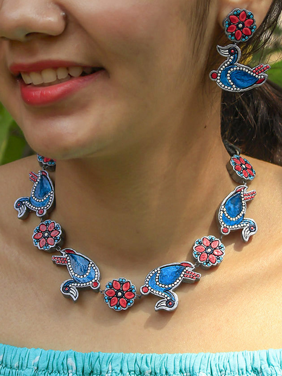 Bird and Flower Design Pink Blue Silver Minimalistic Handmade Terracotta Necklace Set