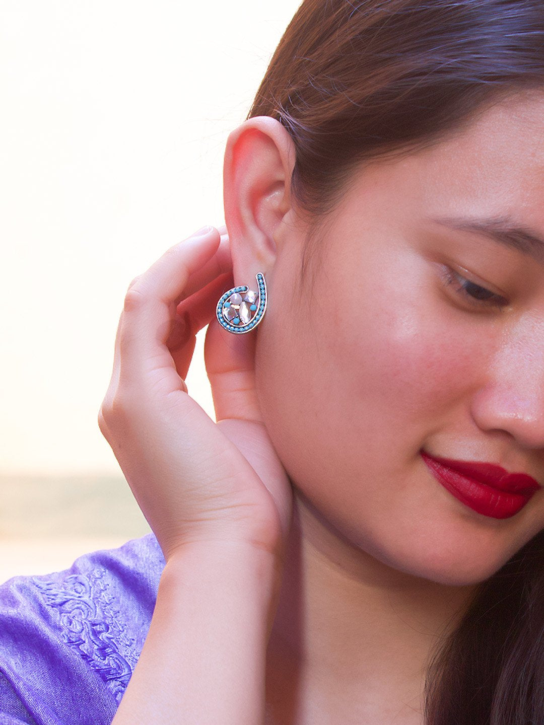 Spiral Design  Blue Stud  With Stones Earring