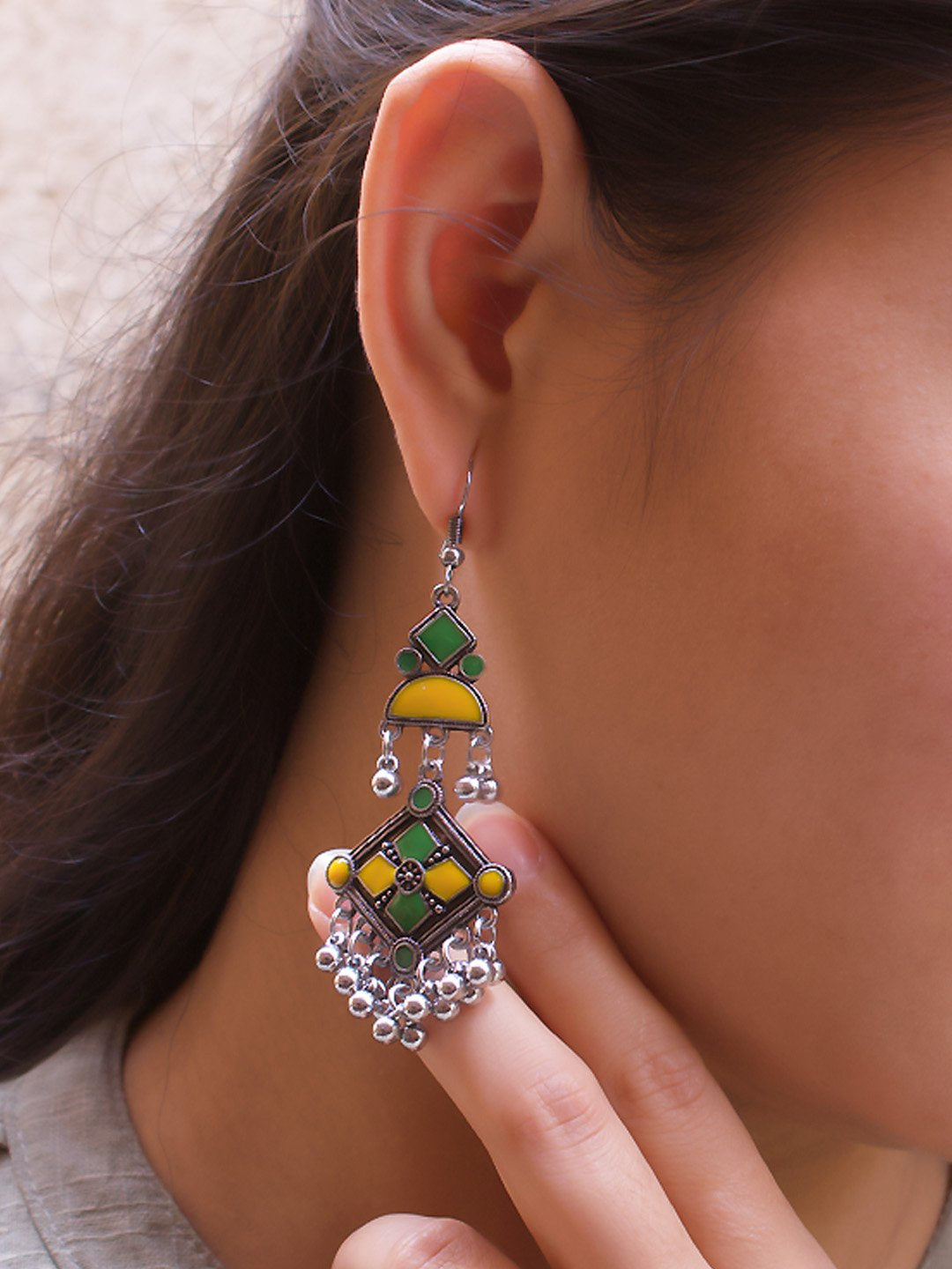 Silver Plated Floral Design Green And Yellow Color Enamel Painted Dangler Earring