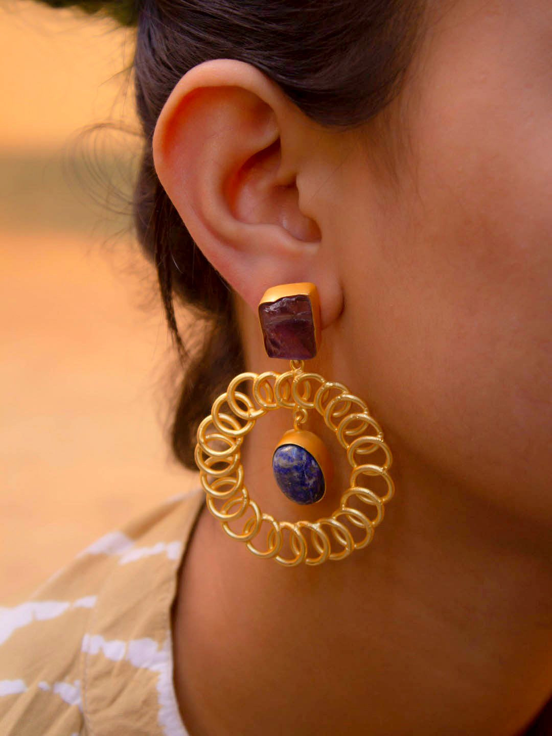 Avismaya Semi Precious Gold Plated Circle Design Blue Color Druzy Stone Dangler Earring