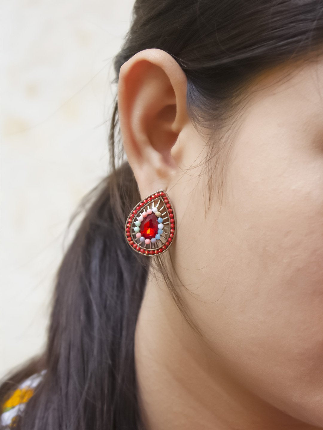 Silver Plated Flower Petal Design Multicolor Plastic Stone Stud Earring