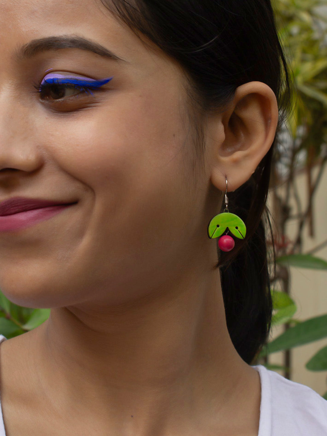 Green Leaf and Cherry Design Handmade Terracotta Earrings