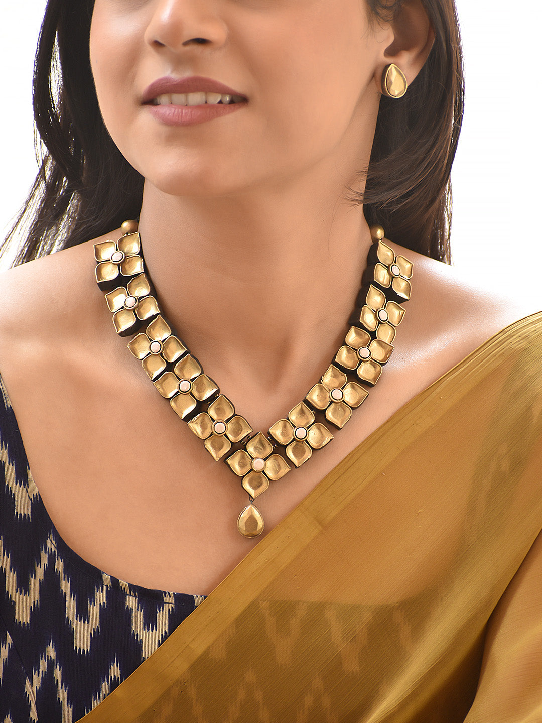 Terracotta Geometric Floral Necklace with Drop Pendant