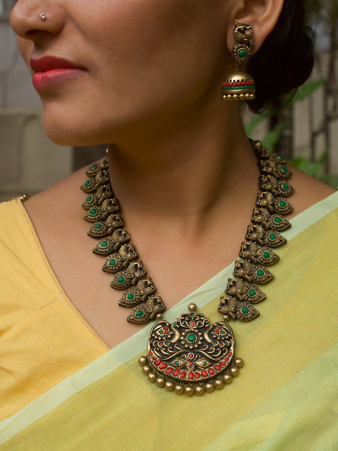 Peacock Design Hand Painted Finish Terracotta Jewellery Set in Antique Gold Green and Red