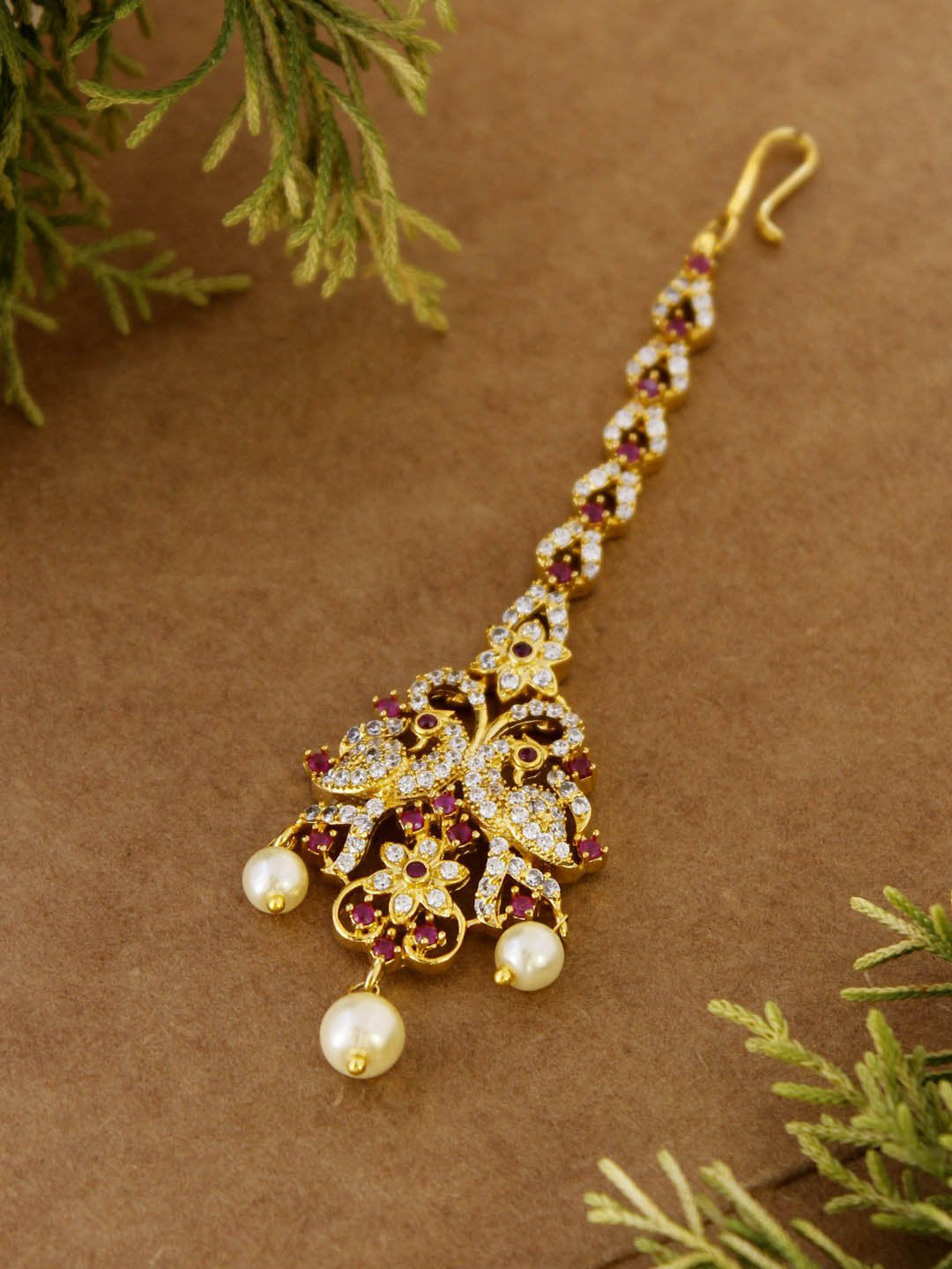 Avismaya Gold Tone With American Diamond And Pearls Bridal Maang Tikka