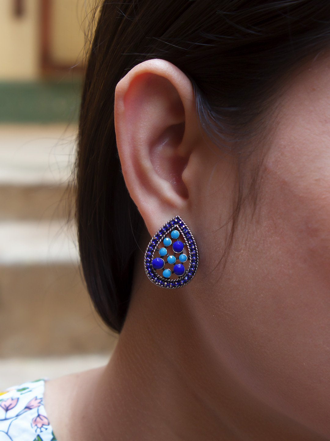 Tear Design  Blue Stud  With Stones Earring