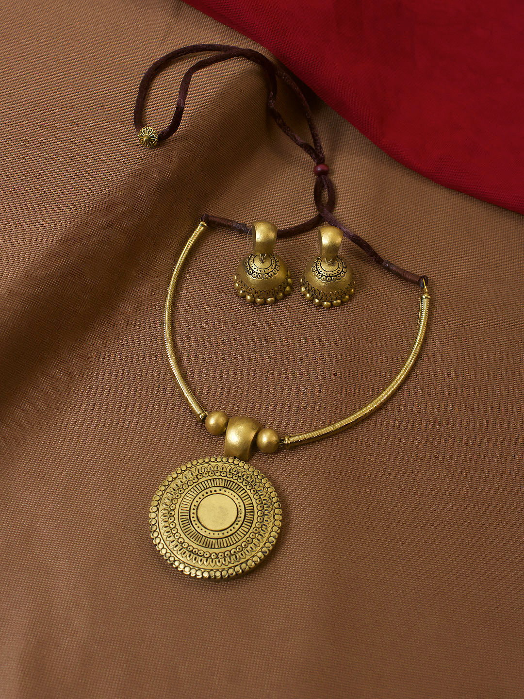 Mandalika — Antique Gold Toned Mandala Design Circular Shape Terracotta Choker Necklace Set