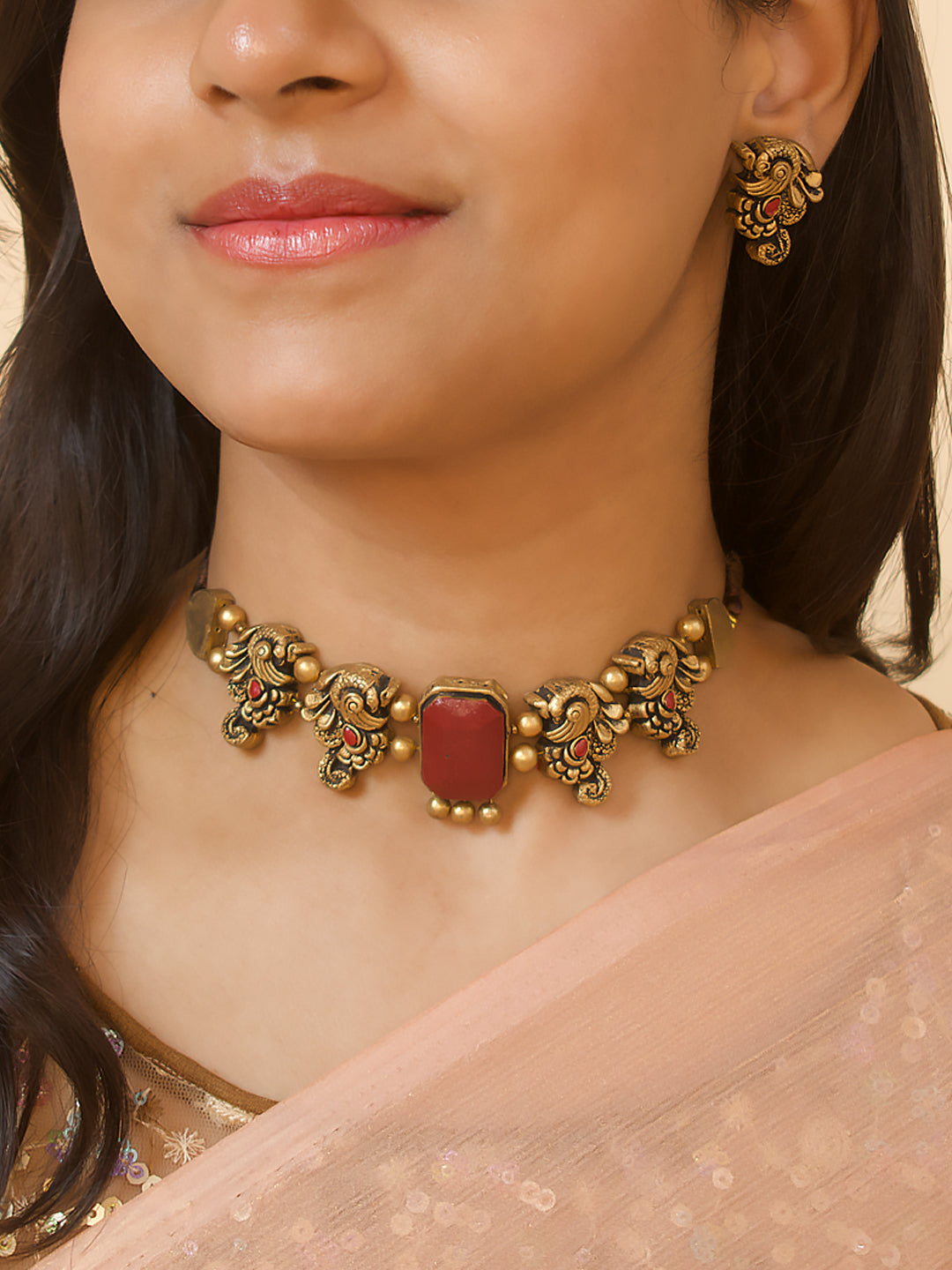Hemangana — Minimalistic Antique Gold Maroon Peacock Design Handmade Terracotta Victorian Choker Necklace Set