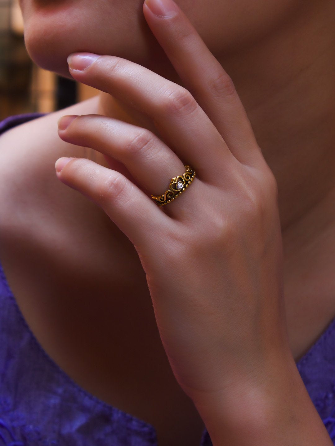 Gold Plated Crown Design White Color Finger Ring