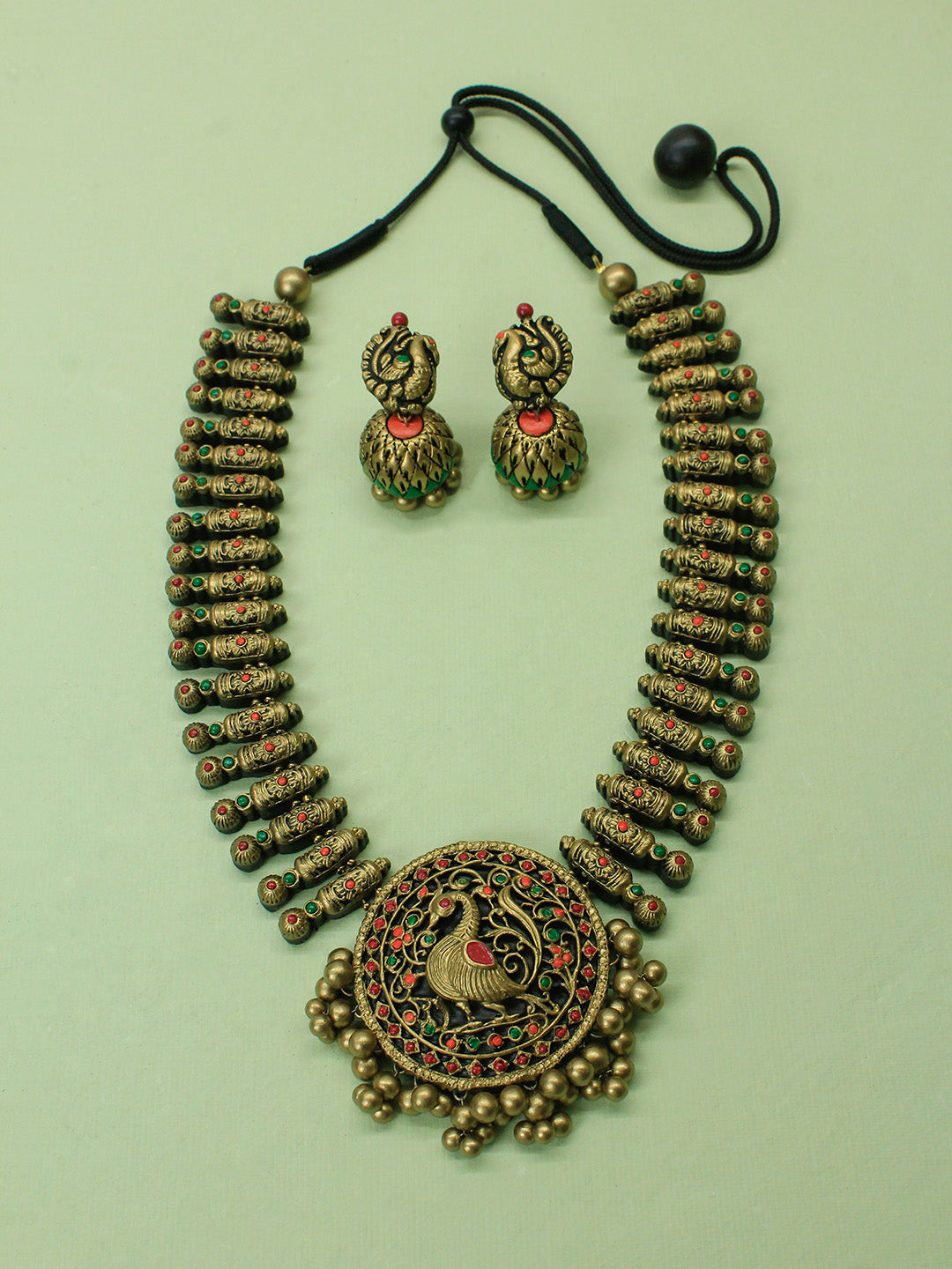 Peacock Design Fringe Pattern Rajputi Art Pattern Haram Style Handmade Terracotta Necklace Set