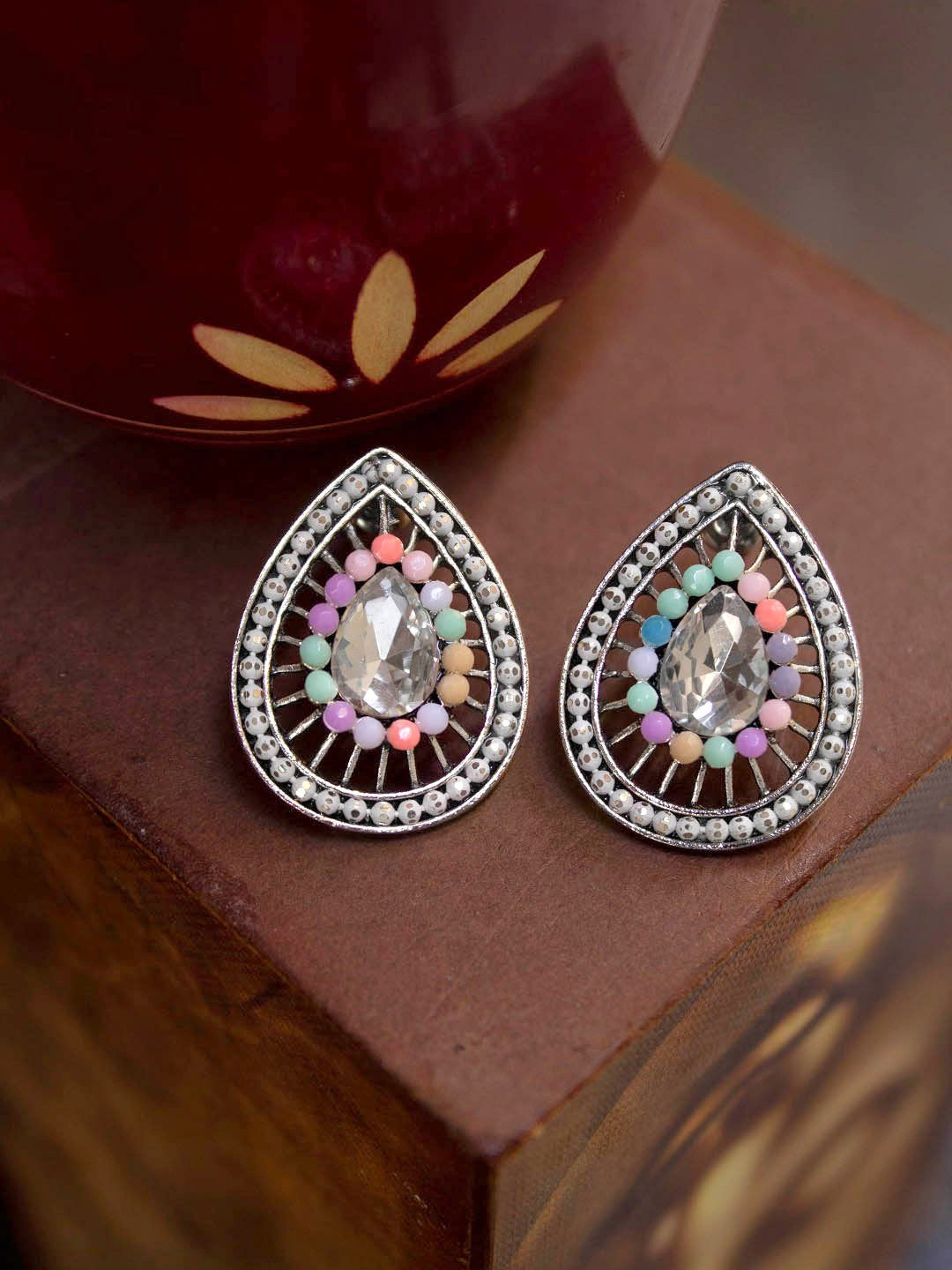 Silver Plated Flower Petal Design Multicolor Plastic Stone Stud Earring