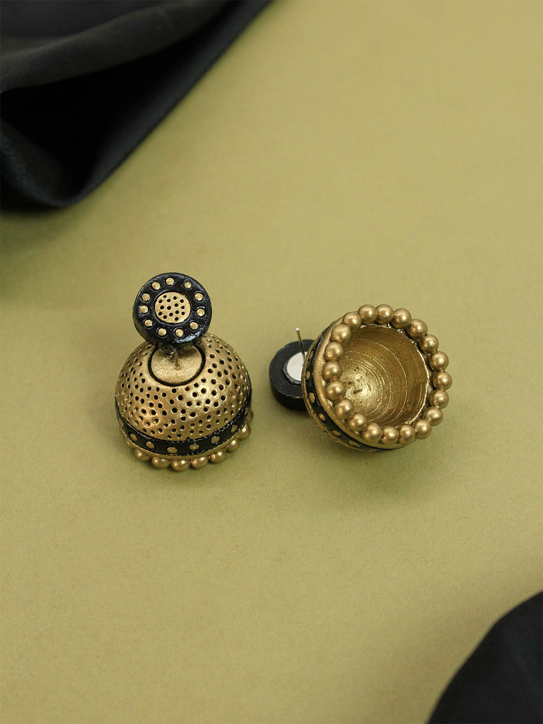 Gold and Black Color Lakshmi Design Handmade Terracotta Temple Earrings