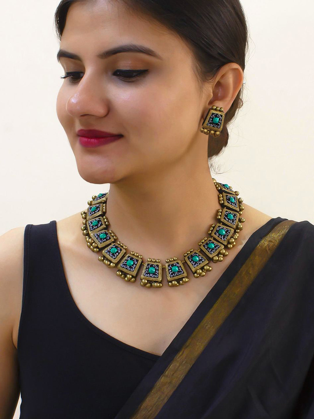 Flower Design Hand Painted Finish Terracotta Jewellery Set - kantara