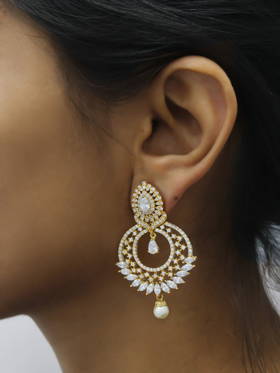 Avismaya Gold Plated Floral Design American Diamond Stone Dangler Earring