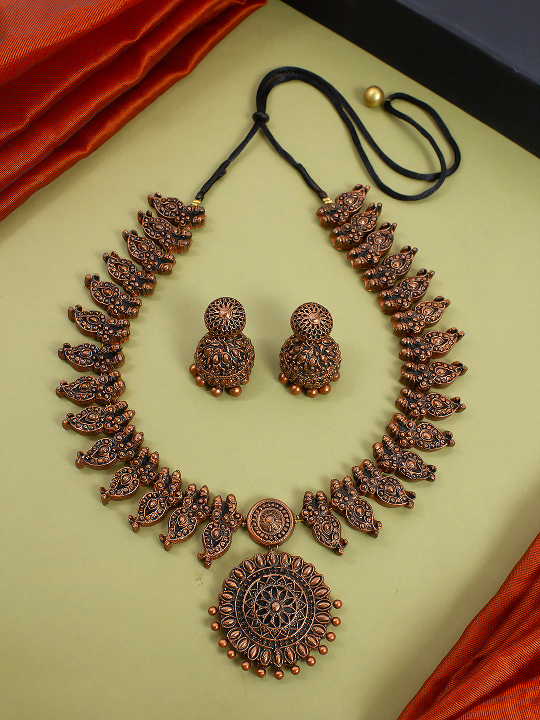 Antique Copper Colour  Mango Design Handmade Terracotta Necklace Set