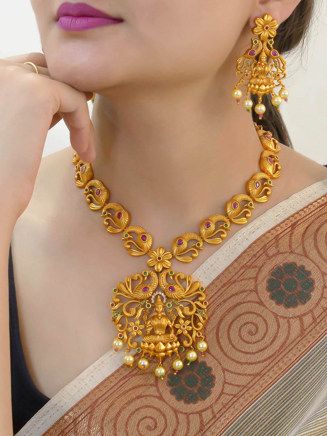 Avismaya Gold Plated Lakshmi And Peacock Design Medium Haar Necklace Set With Kemp Stone
