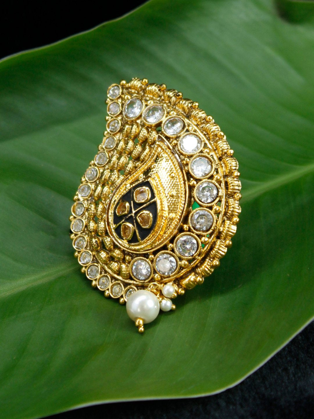 Gold Plated Tear Shape White Stone with Black Enamel and White Pearl Droppings Saree Pin