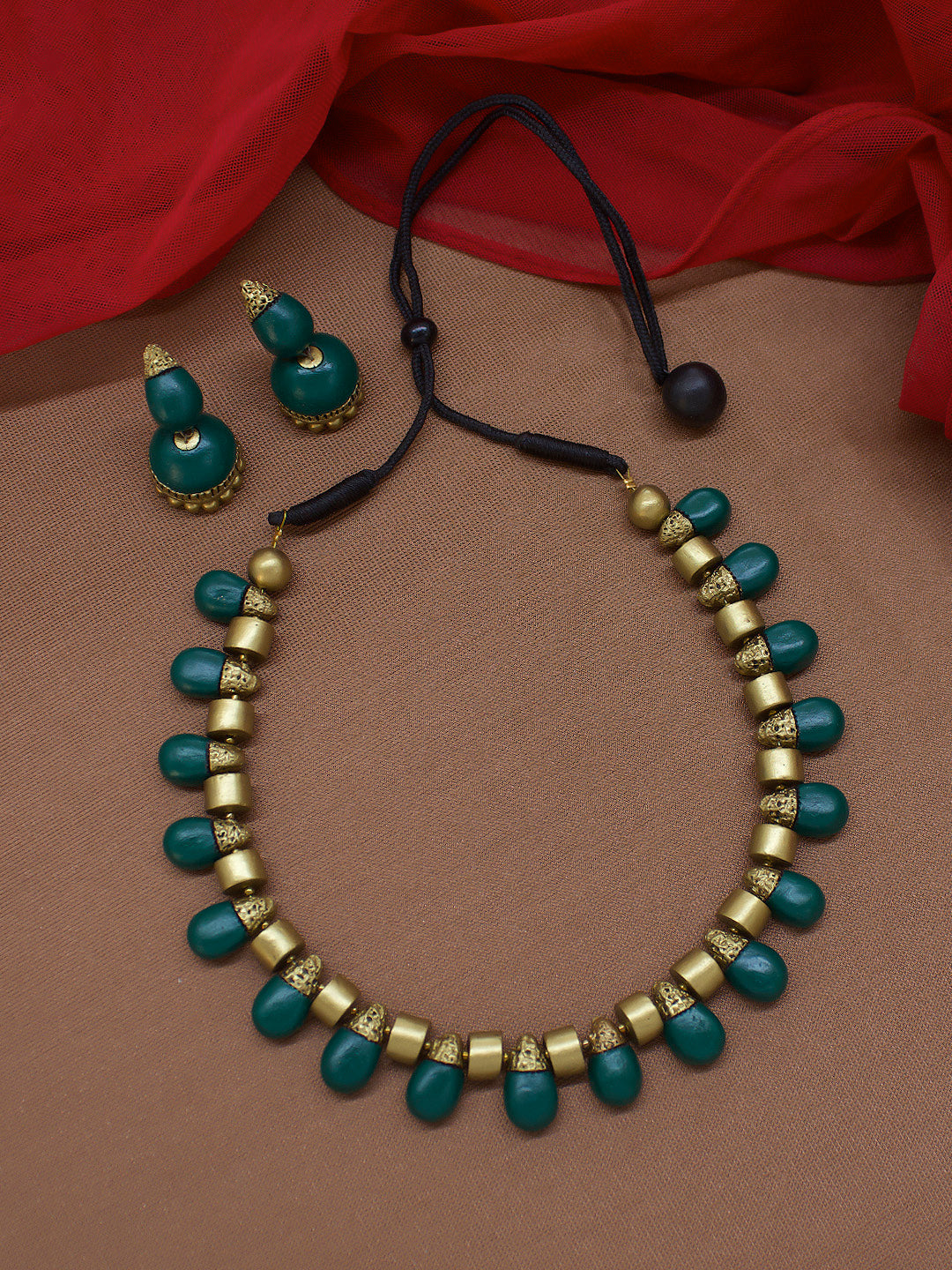 Tear Drop Design Hand Painted Green Color Terracotta Jewellery Set