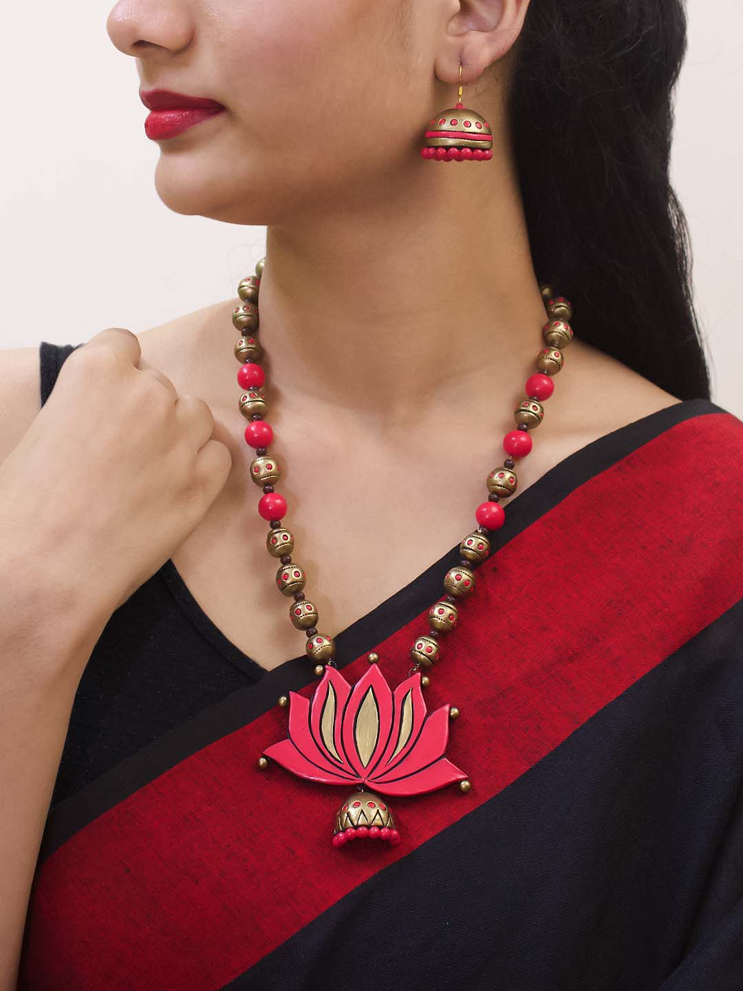 Lotus Design Hand Painted Terracotta Jewellery Set