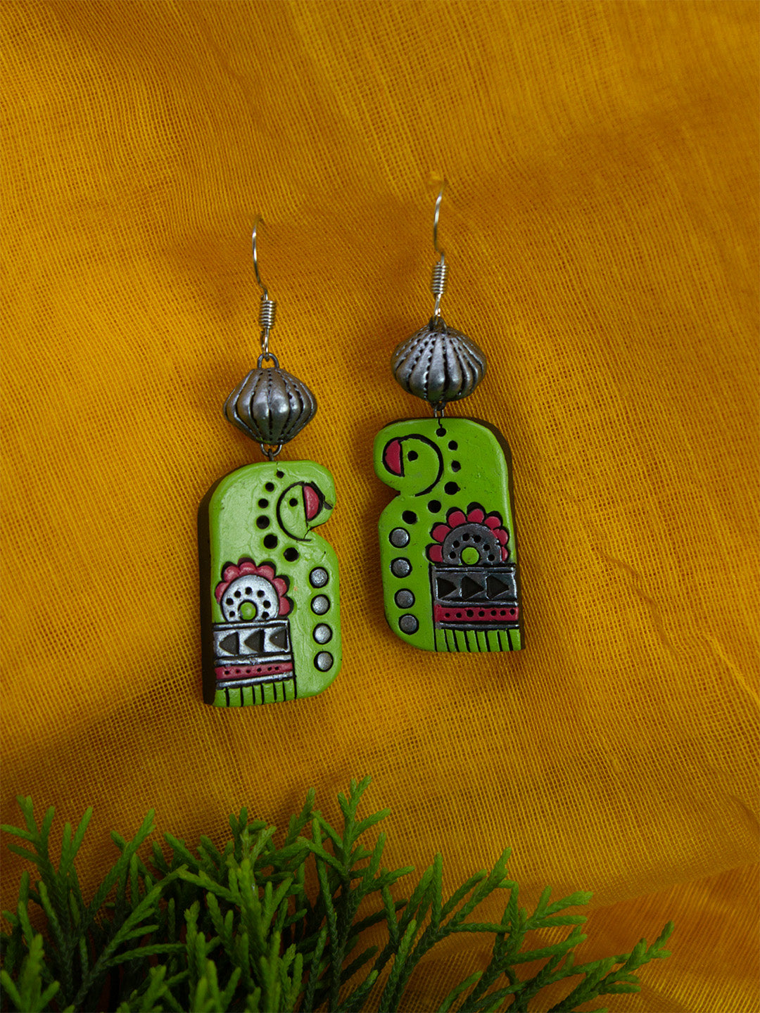 Green Pink Antique Silver Boho Style Parrot Design Art Work Handmade Terracotta Earrings