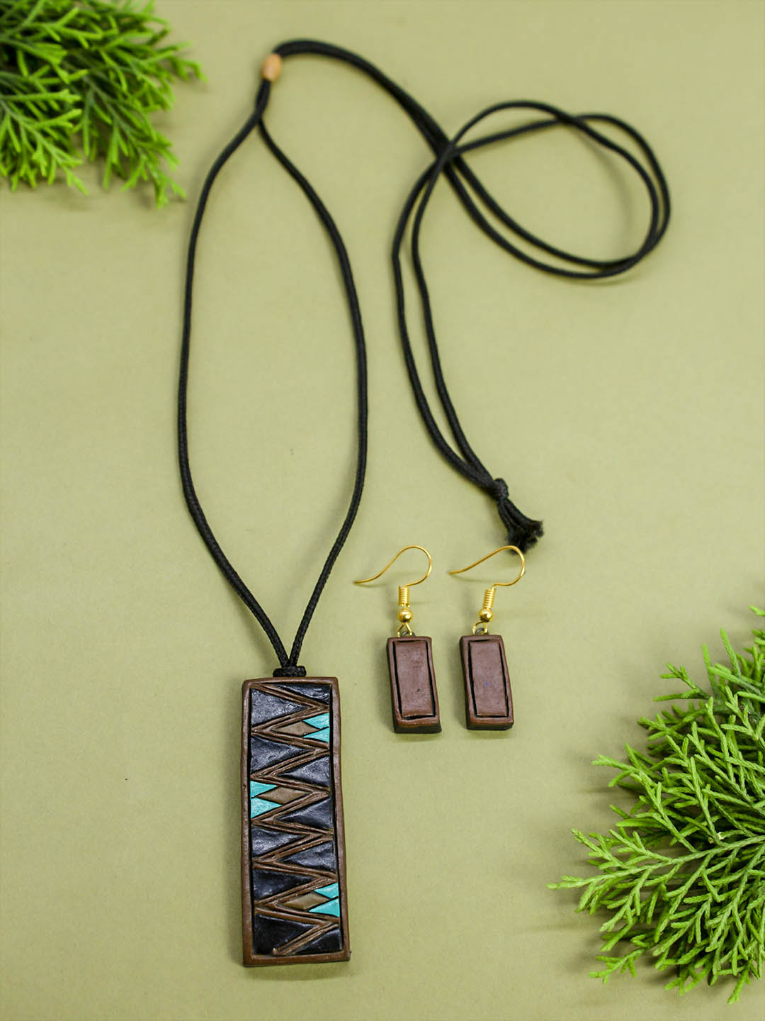 Brown and Blue Choclate Bar Inspired Handmade Terracotta Necklace Set