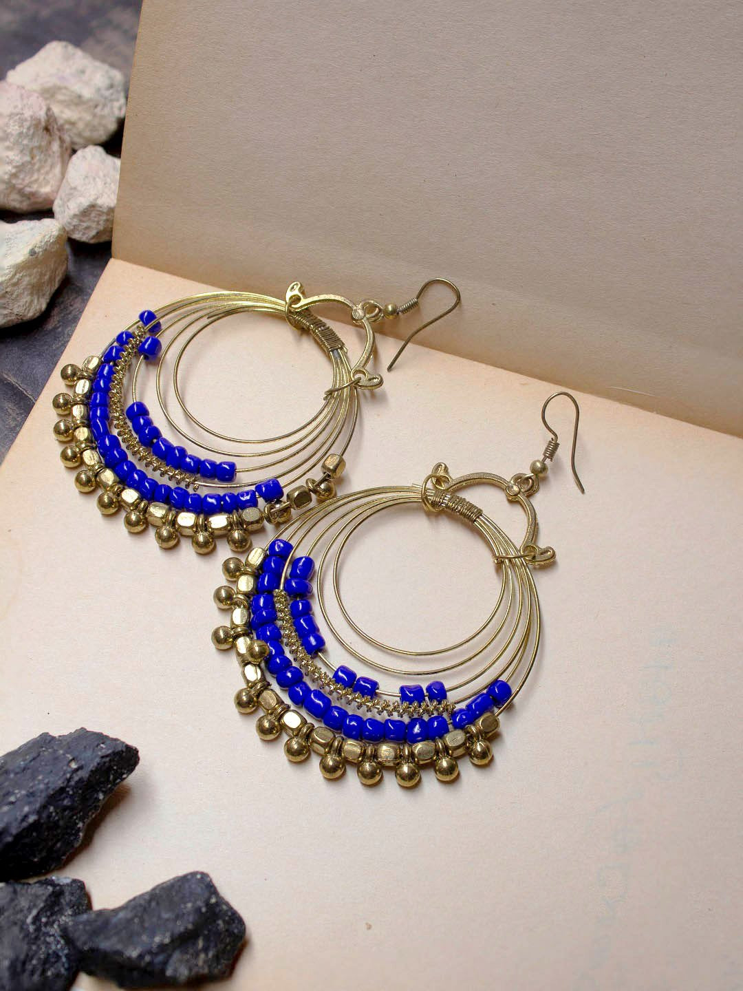 Gold Plated Circle Design Blue Color Beads Dangler Earring
