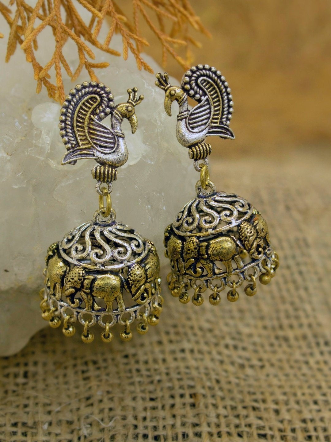 Traditional Dual Tone Mayur & Elephant Design Stud Jhumka