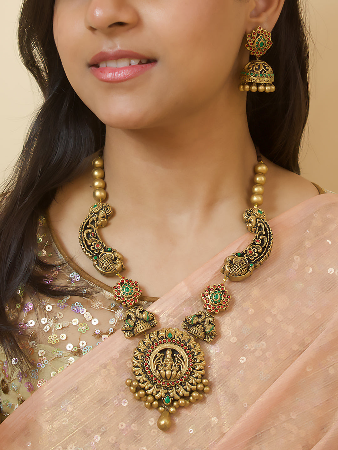 Sragdhara — Rajwadi Style Antique Gold Red Green Lakshmi Peacock Design Temple Haram Handmade Terracotta Necklace Set