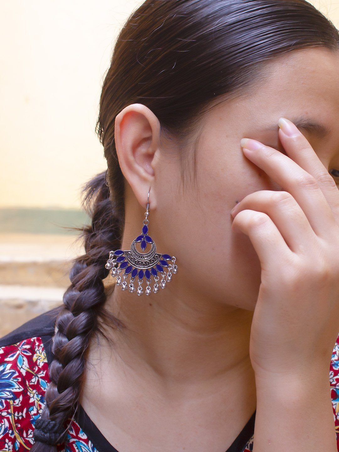 Floral Design Blue Dangler Afghani Earring