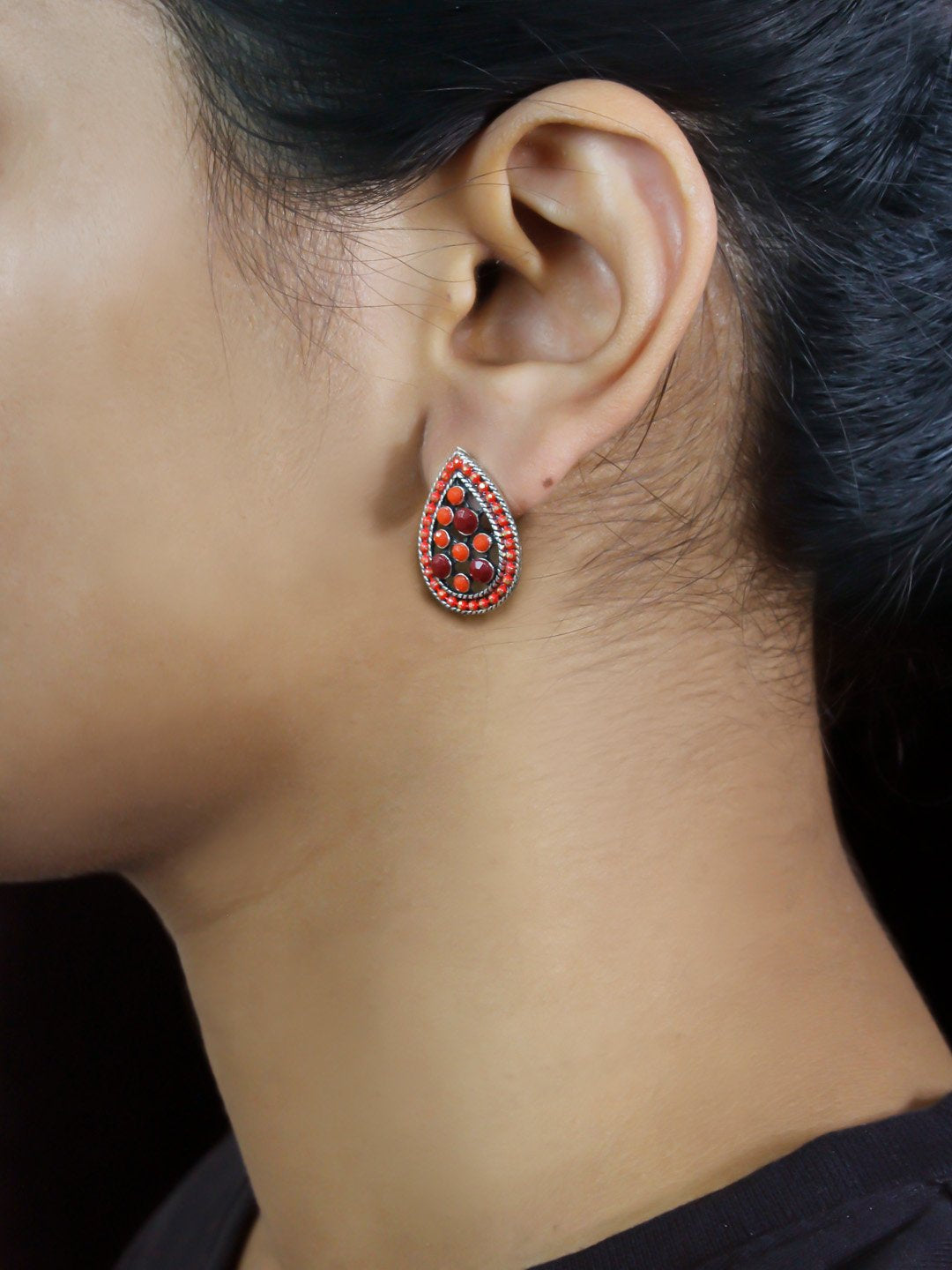Tear Design  Red Stud  With Stones Earring