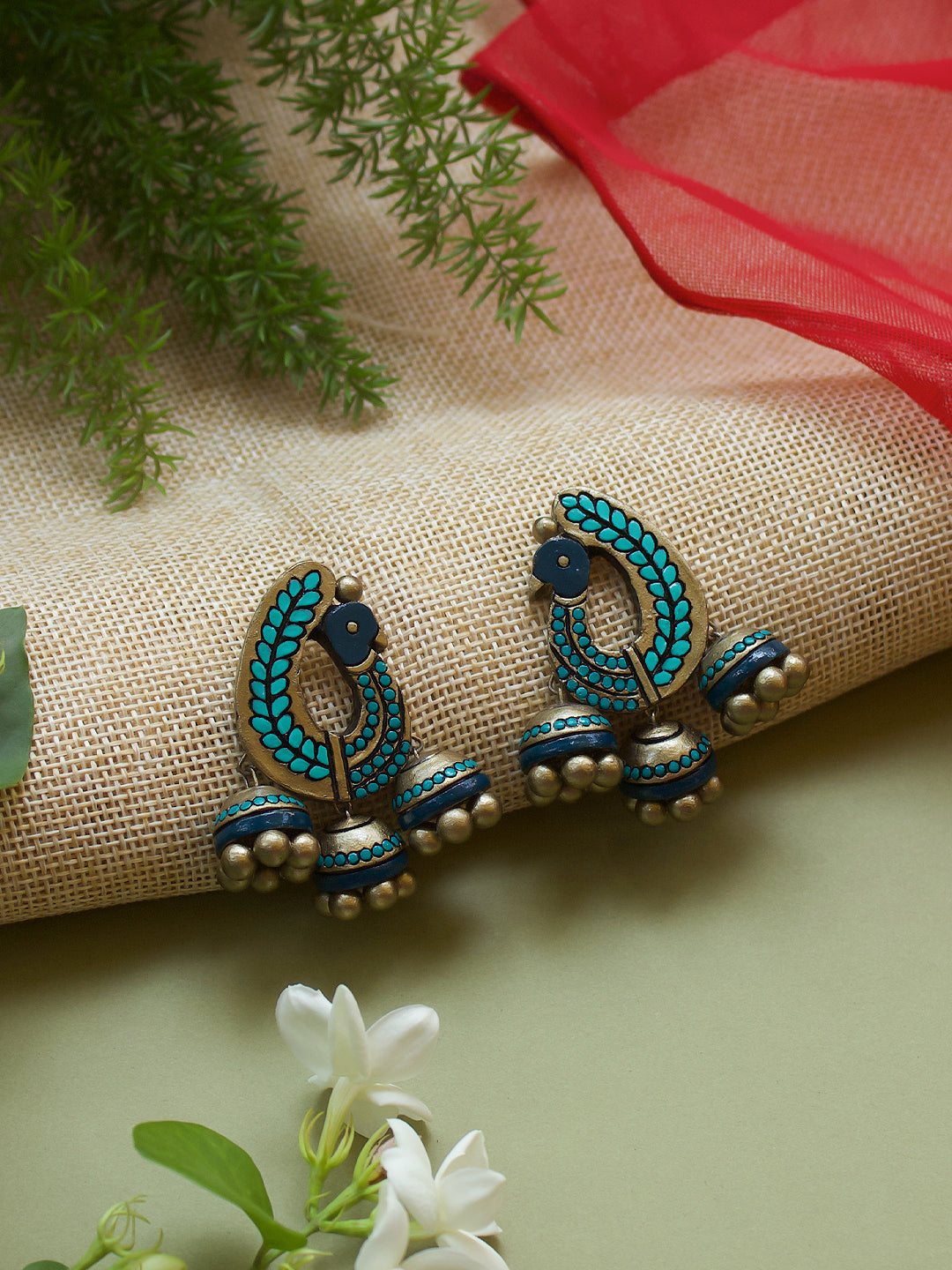 Peacock Design Hand Painted Finish Terracotta Jewellery Set