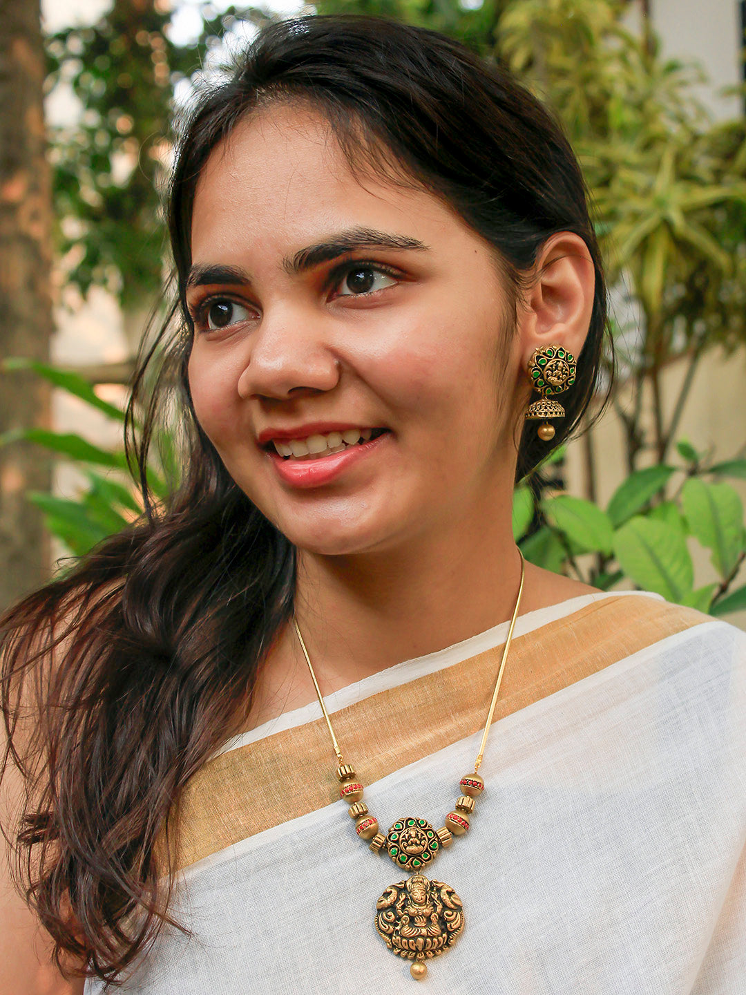 Minimalistc Lakshmi Design Antique Gold Red Green Handmade Terracotta Necklace Set