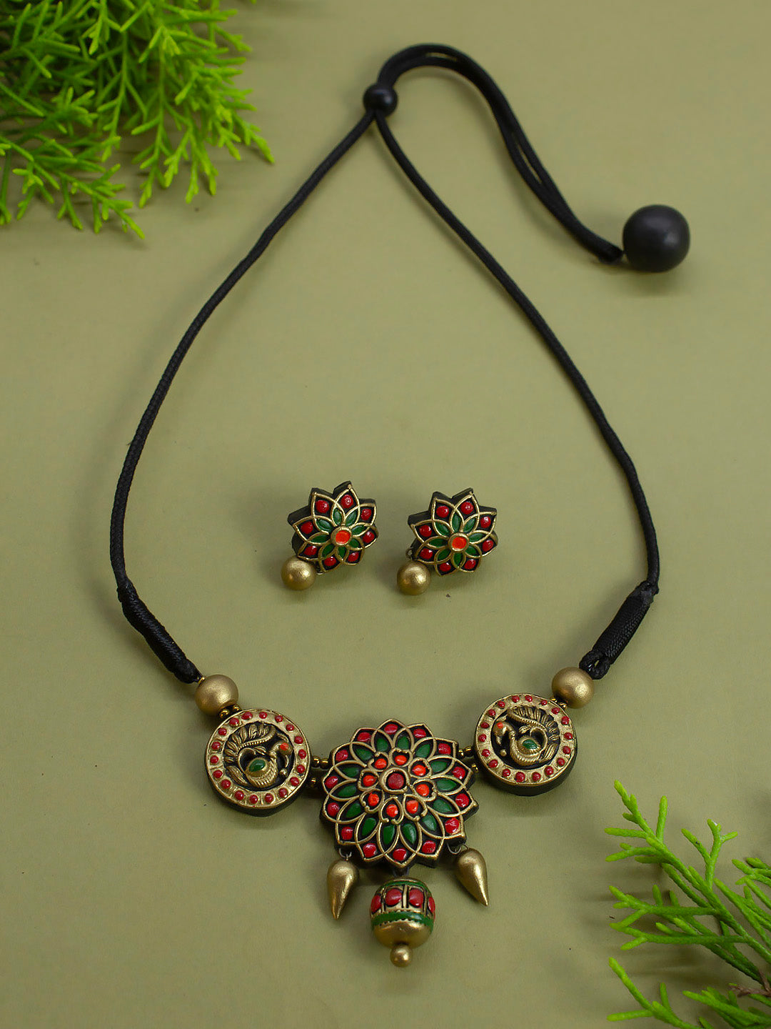 Chakramayura — Mandala Art and Peacock Design Circular Antique Gold Red Green Handmade Terracotta Choker Necklace Set - Kantara