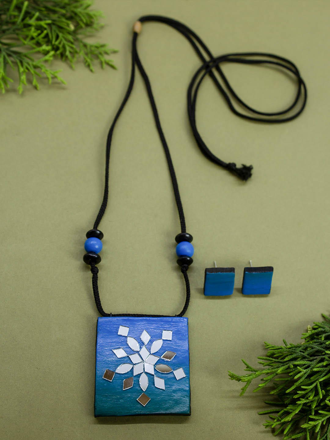 Blue Geometric Square Shape Flower Design Mirror Work Minimalistic Handmade Terracotta Necklace Set