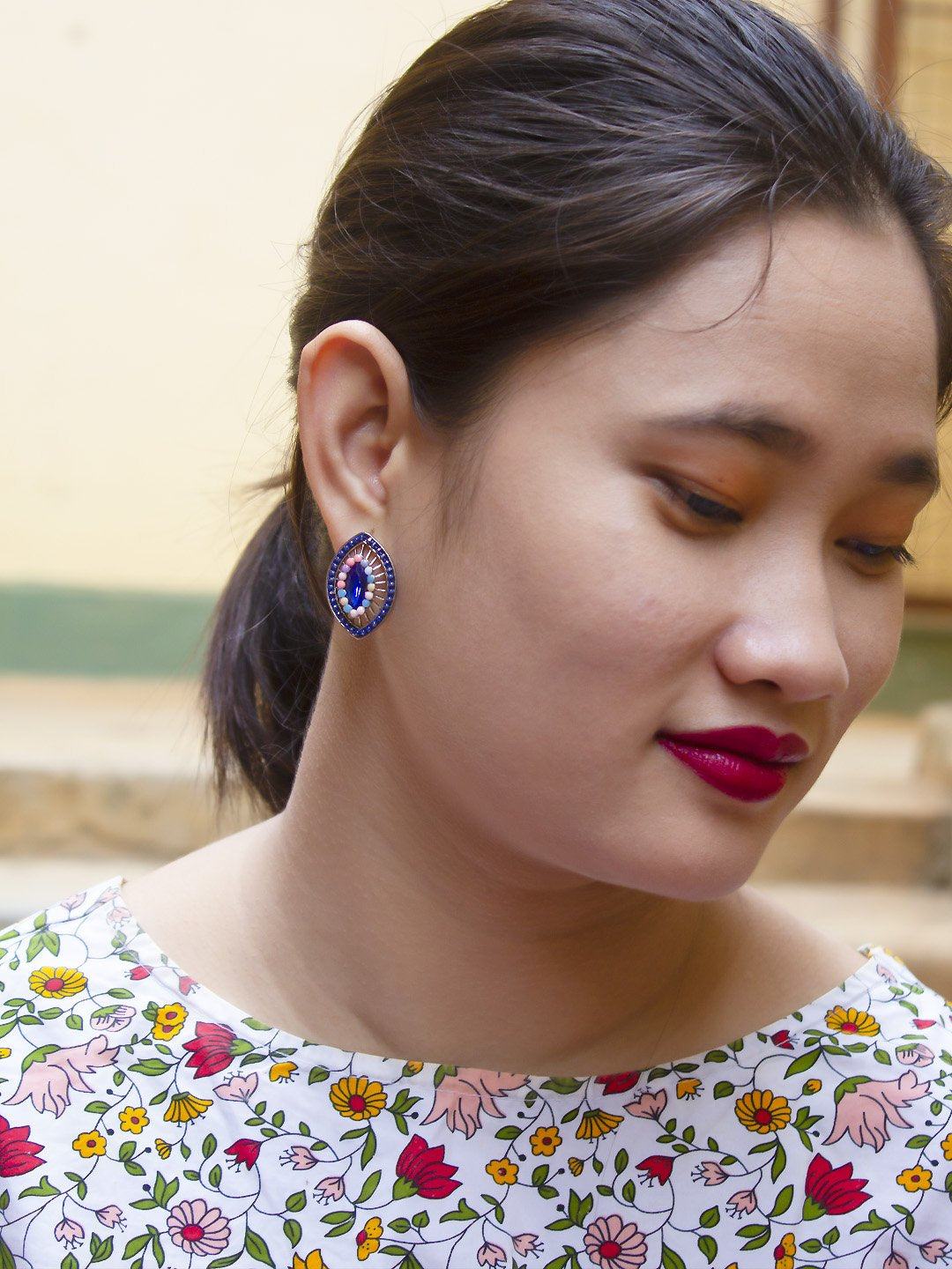 Silver Plated Oval Design Multicolor Plastic Stone Stud Earring
